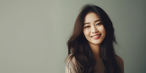 Creative portrait of asian pretty young woman isolated on flat background with copy space. Banner template for Korean cosmetics and Japanese skin and facial care products.