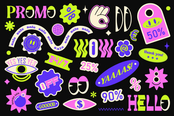 Collection of trendy promo labels tags, stickers, stamps for shopping and packaging, discounts. Vector set Y2K modern trend.
