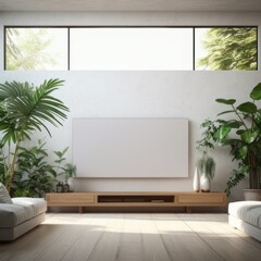 A minimalist modern living room, bright and spacious, with a sleek TV mounted on the wall or empty white poster, An empty space, waiting to be filled, a spot for a message