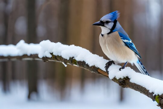 A single blue jay from back looking aside perched on a cold winter day with blur background