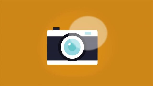 Camera Click and flash on 2d iconic animation on a yellow background.