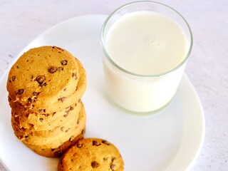 cookies with chocolate chips on a white plate on a light background next to a glass of milk.