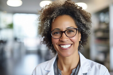 Fototapeta premium Happy female doctor, black woman smiling in her office at the hospital, pediatrics specialist providing medical services, consultations, treatment 