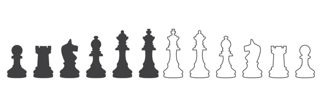 Icon set of Chess pieces. Included icon king, queen, bishop, knight, rook, pawn. Silhouettes isolated on white background. Chess pictogram. Set of strategy icons in line style Vector symbols.