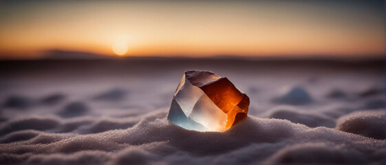 Ein bunter Rohdiamant liegt im Abendrot am Strand.