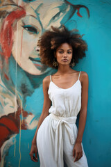 High fashion model posing against a turquoise wall Generative AI.