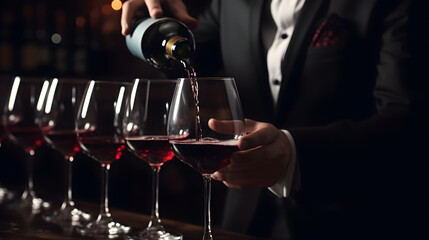 Close up male sommelier pouring and tasting a flavor and checking red wine quality poured in transparent glass in a wine cellar or restaurant