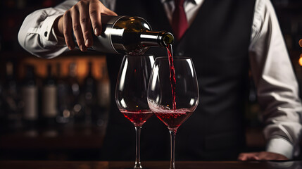 Close up male sommelier pouring and tasting a flavor and checking red wine quality poured in transparent glass in a wine cellar or restaurant - obrazy, fototapety, plakaty