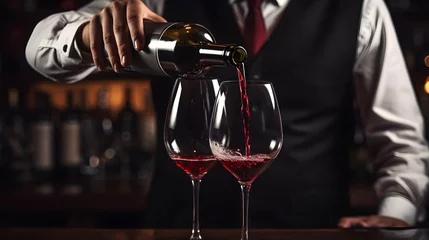 Keuken foto achterwand Close up male sommelier pouring and tasting a flavor and checking red wine quality poured in transparent glass in a wine cellar or restaurant © petrrgoskov