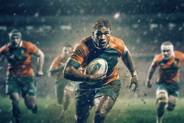 Rugby sportsman players with ball in action on stadium under lights. Emotional team under rain,...