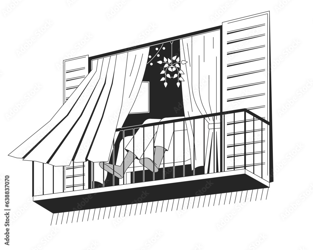 Poster person relaxing bw concept vector spot illustration. balcony view. wind blow curtains. 2d cartoon fl