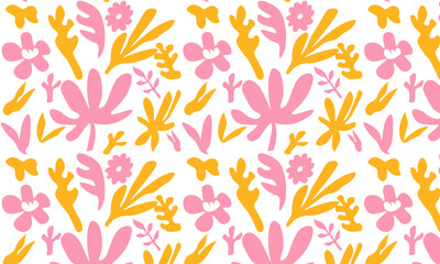 Groovy abstract seamless patter.Organic doodle shapes in trendy naive retro hippie 60s 70s style. Contemporary poster and background. Floral botanic vector illustration in pink, yellow, orange colors.