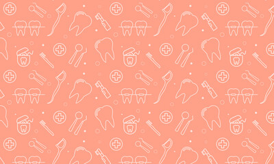 Dentist, orthodontics seamless pattern with line icons. Dental care, medical equipment, braces, tooth prosthesis, floss, caries treatment, toothpaste.	