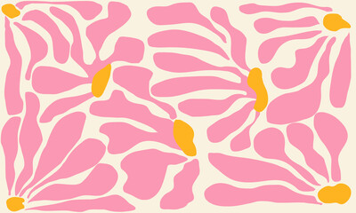 Groovy abstract flower art. Organic doodle shapes in trendy naive retro hippie 60s 70s style. Contemporary poster and background. Floral botanic vector illustration in pink, yellow, orange colors.