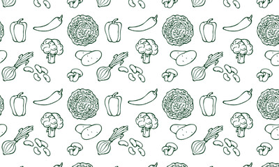 Food background, vegetables seamless pattern. Healthy eating - tomato, garlic, carrot, pepper, broccoli, cucumber line icons. Vegetarian, farm grocery store vector illustration