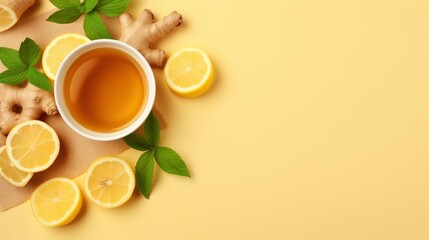 Obraz na płótnie Canvas An herbal tea with ginger.Cup of ginger tea with lemon, honey and mint on beige background. Concept alternative medicine, natural homemade remedy for cold and flu. Top view. Free space for your text