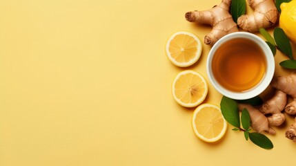An herbal tea with ginger.Cup of ginger tea with lemon, honey and mint on beige background. Concept alternative medicine, natural homemade remedy for cold and flu. Top view. Free space for your text - obrazy, fototapety, plakaty