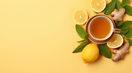 Obraz na płótnie Canvas An herbal tea with ginger.Cup of ginger tea with lemon, honey and mint on beige background. Concept alternative medicine, natural homemade remedy for cold and flu. Top view. Free space for your text