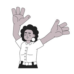 Happy woman raising hands up monochromatic flat vector character. Girl overwhelmed with happiness. Editable thin line half body person on white. Simple bw cartoon spot image for web graphic design