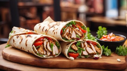 A close-up of grilled chicken meat shawarma wrapped bread with tomato,cheese,kebab,lettuce in dinner
