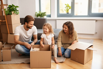 Happy family of mom, dad and kid unpacking cardboard boxes after moving house. AI generated - obrazy, fototapety, plakaty
