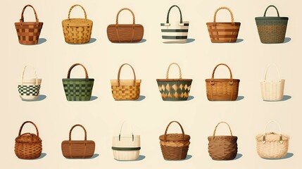 Wicker baskets, grocery wood Picnic baskets for lunch or dinner.Character Design Concept Art Book Illustration Video Game Digital Painting. CG Artwork Background. Generative AI.
