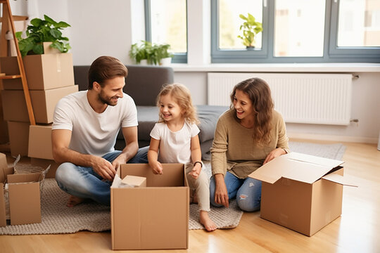 Happy family of mom, dad and kid unpacking cardboard boxes after moving house. AI generated