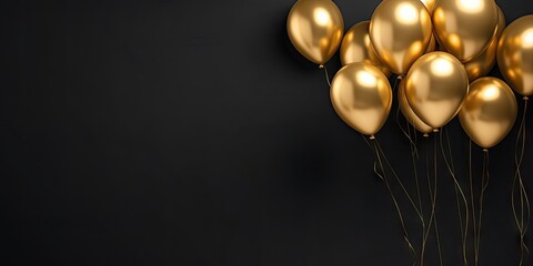 Gilded celebration. Golden festive delight on black background. Joyous gathering. Shiny for party. Radiant festivity. Glittering gold balloons amidst ambiance