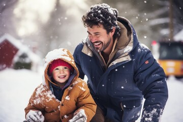 a natural portrait of a father and son on a winter street