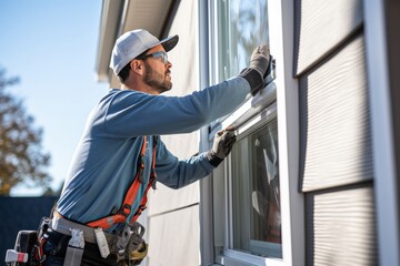 Man installs a window in a house