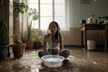 woman collecting water leaking and dripping from the ceiling