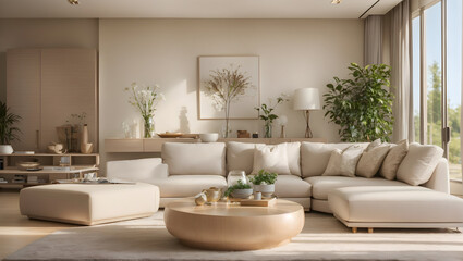 Fototapeta na wymiar Beije modern living room with furniture, sofa, plant, window