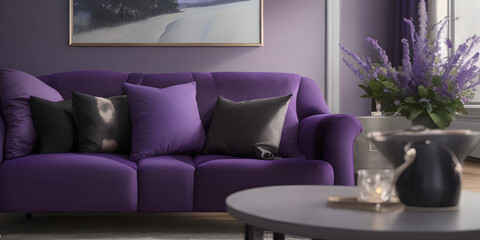 Violet modern living room with furniture, sofa, plant, window