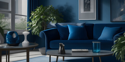 Blue modern living room with furniture, sofa, plant, window