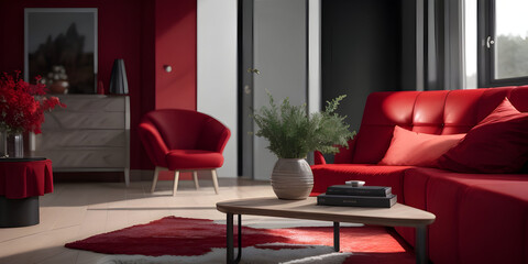 red modern living room with furniture, sofa, plant, window