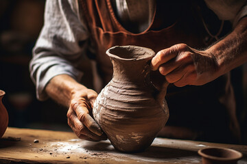 A potter creates a jug from clay