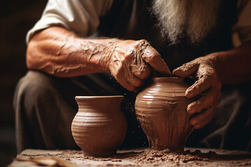 A potter creates a jug from clay