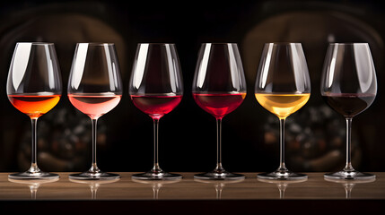 Row of glasses with red, white and rose wine prepared for degustation on wooden table.
