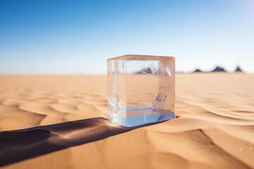 An ice cube in a desert on the sand
