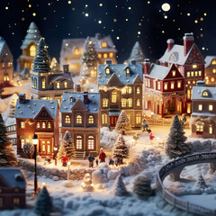 Christmas miniature scene of cozy town with festive buildings, lights,bokeh,toys decorations. Isometric view. New year, Xmas background.Winter magical card. Wanderland. Holidays template.Generative ai