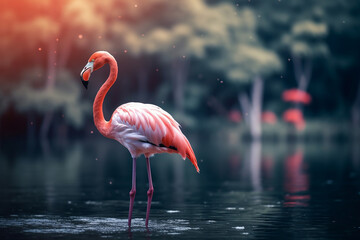 A flamingo walking through the water of a lake in a tropical forest