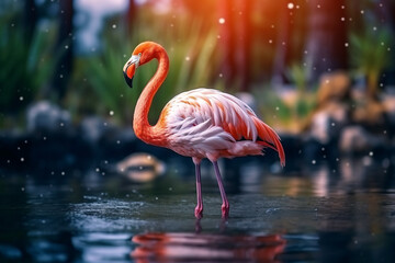 A flamingo walking through the water of a lake in a tropical forest