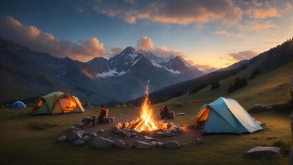 The camping under the sky for tourist in mountains,a trip full of adventures,trekking,hiking,nature views in cold nights with bonfire