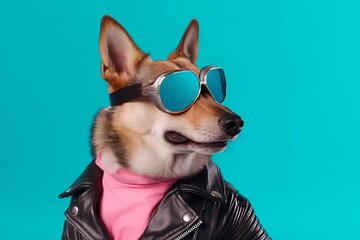Dog sunglasses leather jacket. Generate Ai