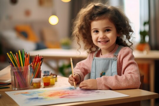 Little girl learn drawing pencils. Generate AI