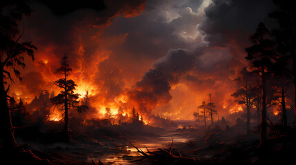 a wildfire raging through a forest
