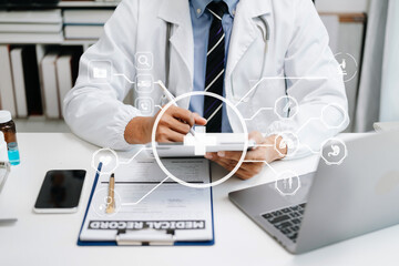 health care business graph data and growth, Medical examination and doctor analyzing medical report network connection on tablet. in hospital.