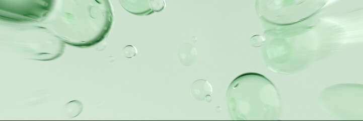 Beautiful green bubbles in motion, liquid cosmetic product presentation concept, 3d rendering