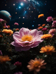 a flower blossoming amidst the backdrop of outer space, Envision planets, galaxies, and spaceships surrounding the flower