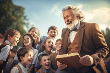 Obraz premium Happy old teacher talk students. Generate Ai